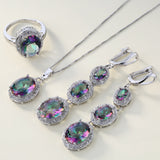 Rainbow Mystic Oval Halo Triple-Drop Jewelry Set