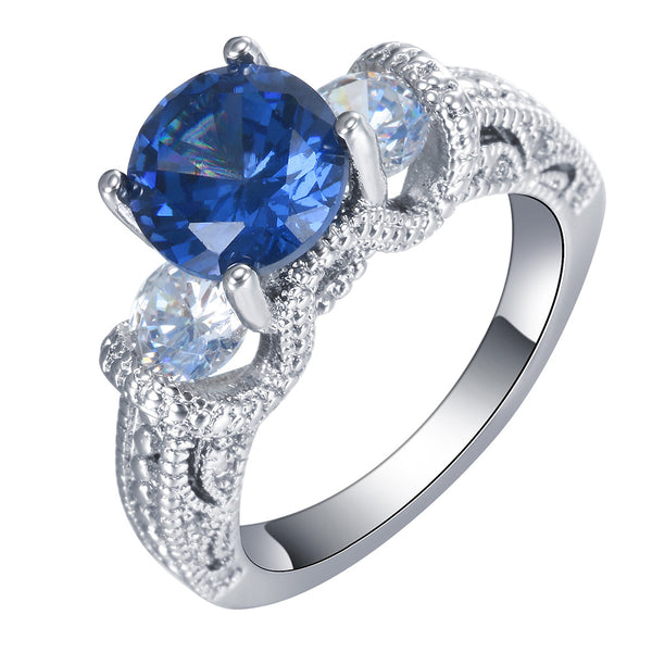 Sapphire-Blue Round CZ Three-Stone Ring