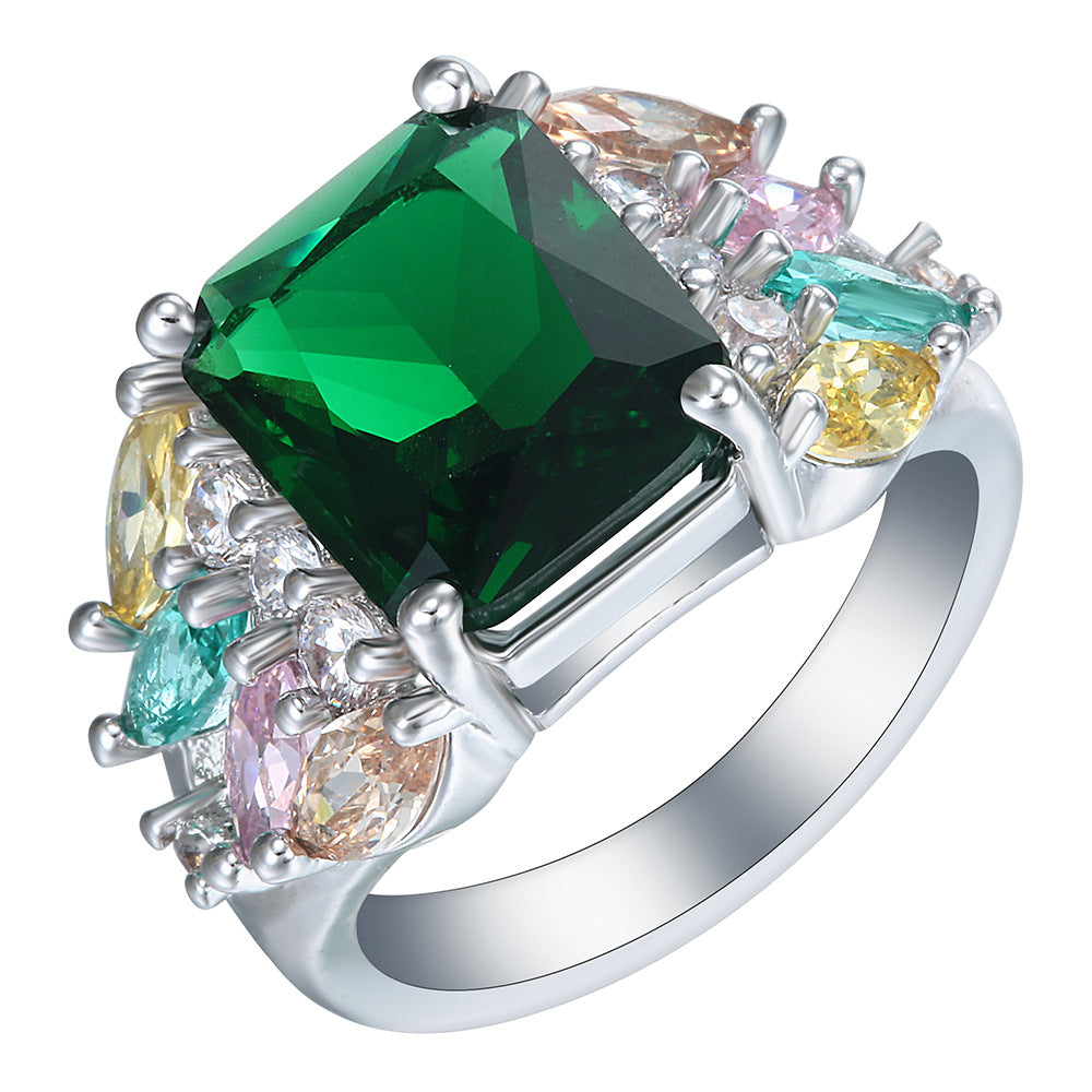 Emerald-Green Square CZ Multicolor Cluster Ring