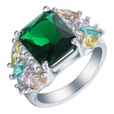 Emerald-Green Square CZ Multicolor Cluster Ring