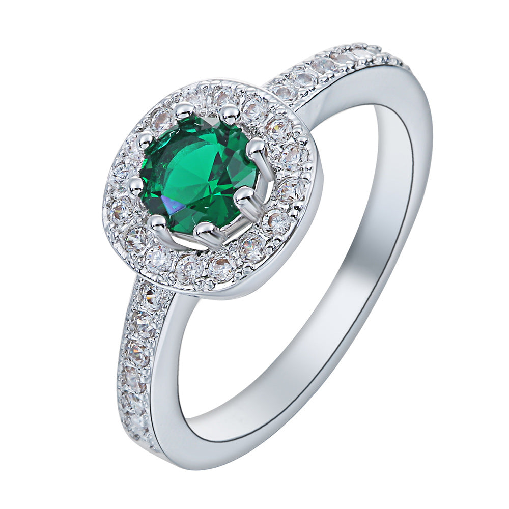 Emerald-Green Round CZ Pavé Halo Ring