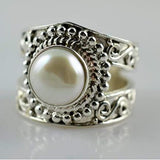 Pearl-Look Round Scroll Bezel Wide Ring