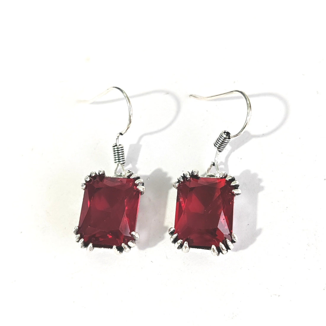 Ruby-Red Emerald-Cut CZ Hook Earrings