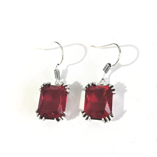 Ruby-Red Emerald-Cut CZ Hook Earrings