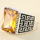 Yellow Square CZ Greek Key Signet Ring