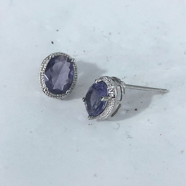 Purple Oval CZ Milgrain Stud Earrings