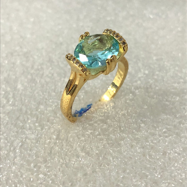 Aqua Oval CZ Solitaire Gold Ring