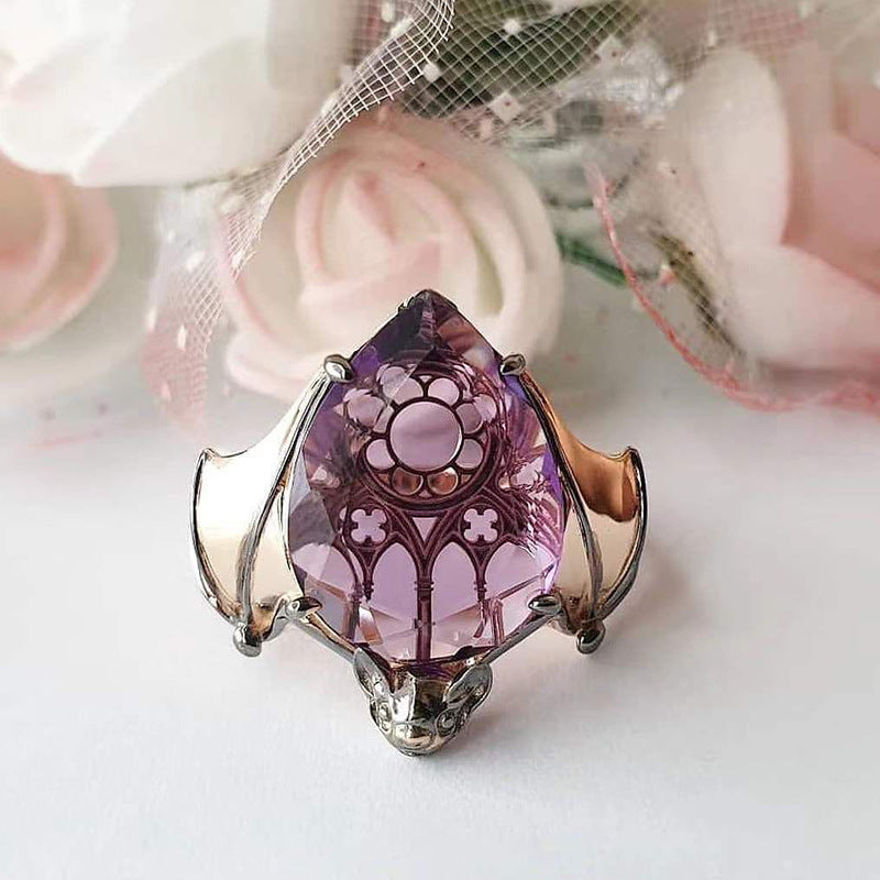 Purple Gothic Window Bat Wing Ring