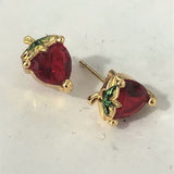 Ruby-Red Heart CZ Strawberry Stud Earrings