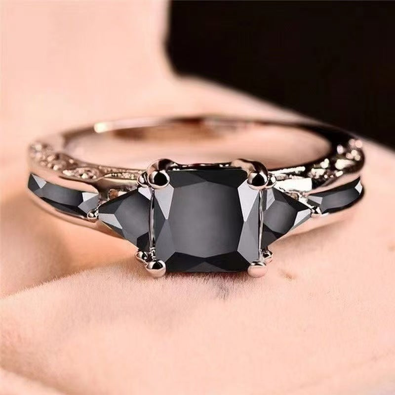 Black Cushion CZ Three-Stone Ring