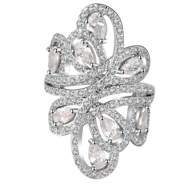 Pear CZ Pave Swirl Petal Cocktail Ring