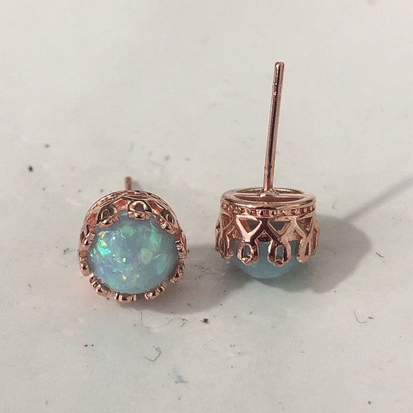 Opal-Look Round Crown-Set Stud Earrings