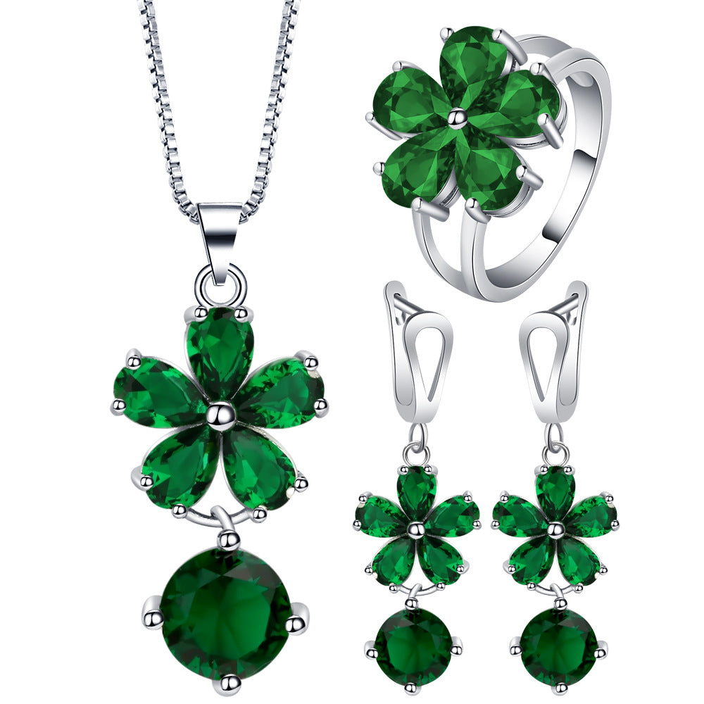 Emerald-Green CZ Flower Drop Jewelry Set