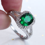 Emerald-Green Cushion CZ Halo Split-Shank Ring