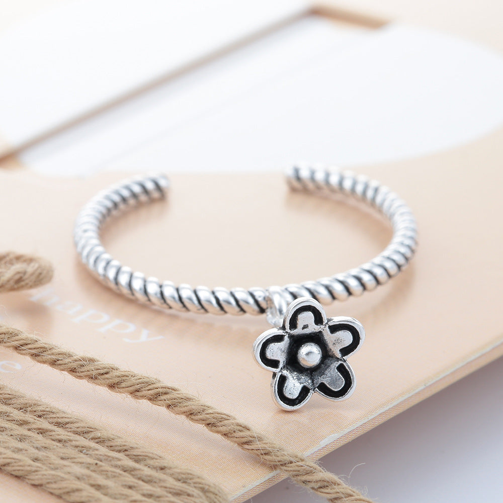 Twisted Rope Open Ring with Flower Charm
