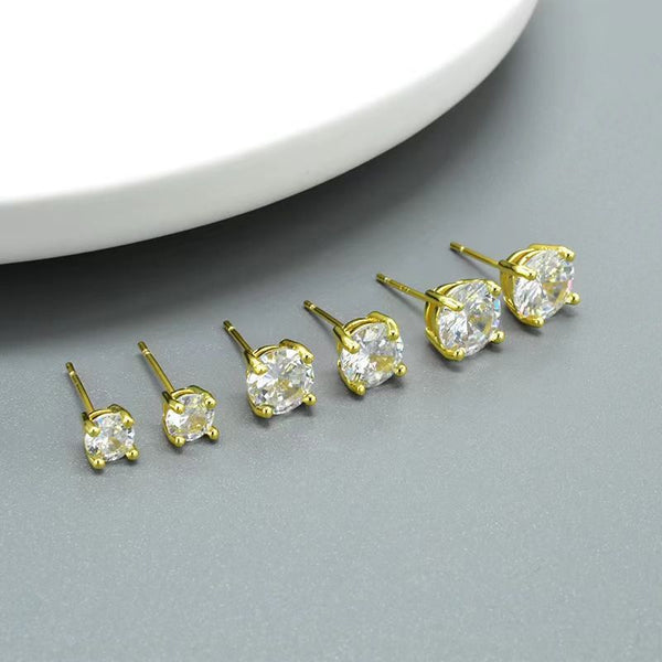 Gold Four-Prong Round CZ Tiny Stud Earrings