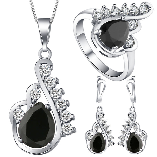 Black Pear CZ Feather Swirl Jewelry Set