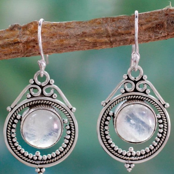 Moonstone-Look Round Antique Filigree Hook Earrings