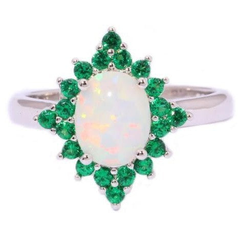 Opal-Look Oval Emerald-Green CZ Starburst Halo Ring