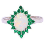 Opal-Look Oval Emerald-Green CZ Starburst Halo Ring