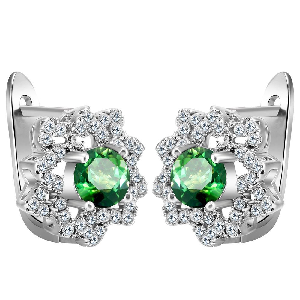 Green Round CZ Cluster Flower Leverback Earrings