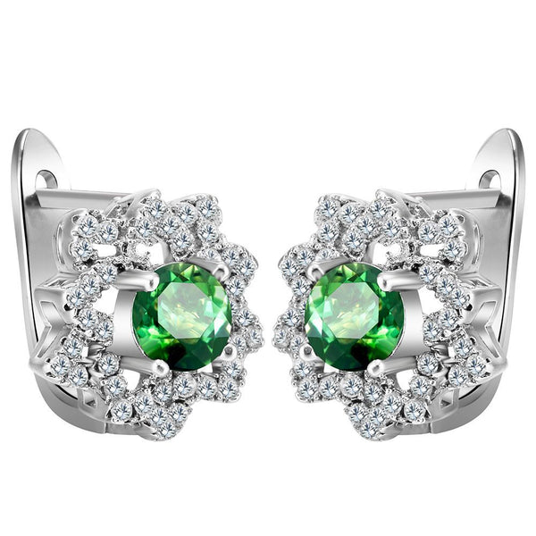 Green Round CZ Cluster Flower Leverback Earrings
