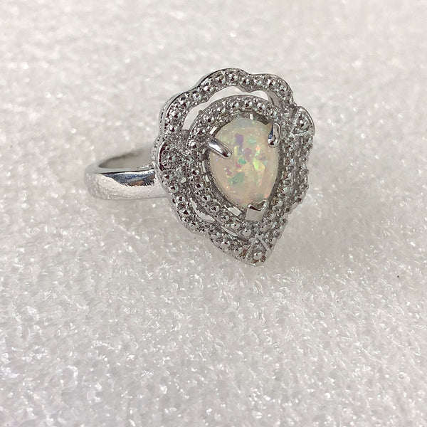Opal-Look Pear Scalloped Pavé Halo Ring