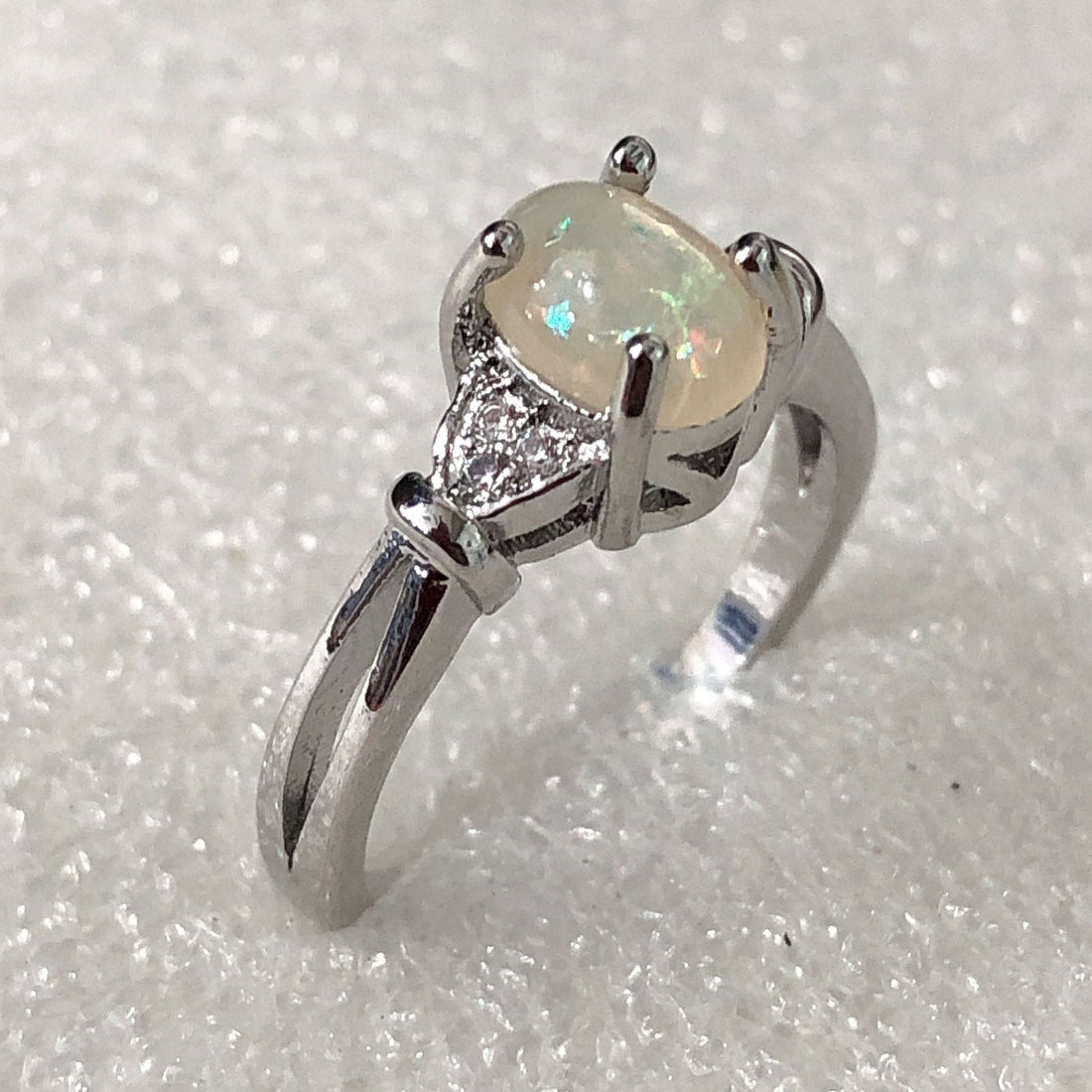 Opal-Look Oval Pavé Shoulder Solitaire Ring