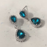 Sapphire-Blue Pear CZ Halo Drop Earrings