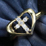 Gold Heart Outline CZ Cross Ring