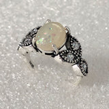 Opal-Look Oval Marcasite Leaf Shoulder Ring