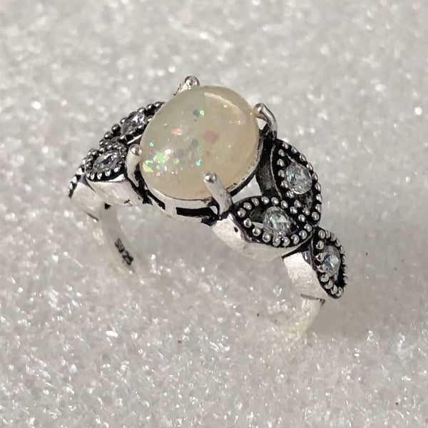 Opal-Look Oval Marcasite Leaf Shoulder Ring