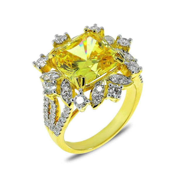 Canary-Yellow Cushion CZ Floral Halo Ring