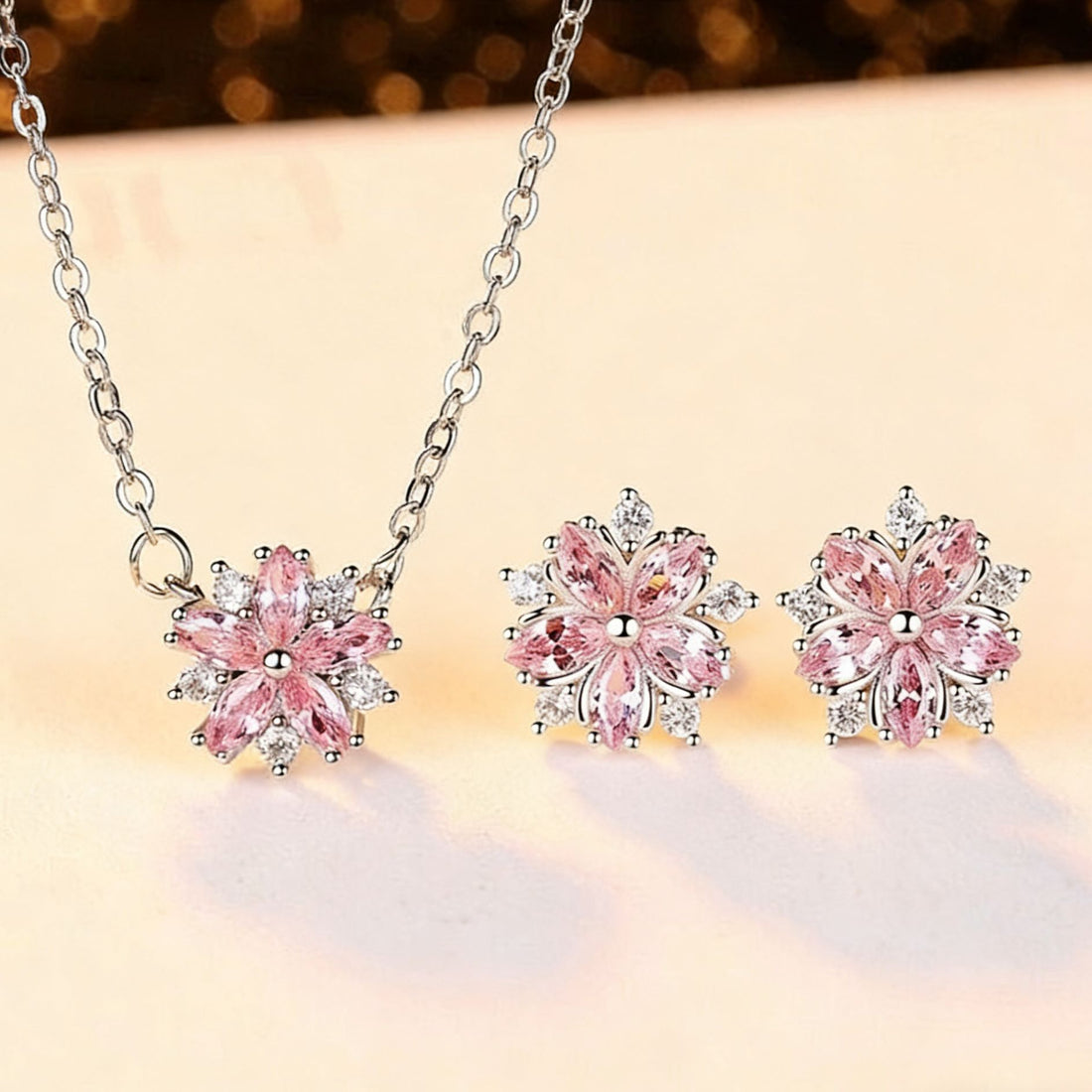 Pink CZ Cherry Blossom Necklace and Earrings Set