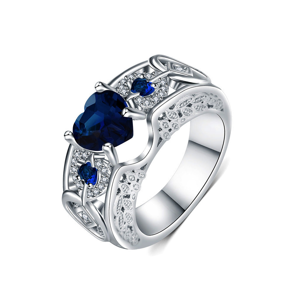 Sapphire-Blue Heart CZ Filigree Wide Ring