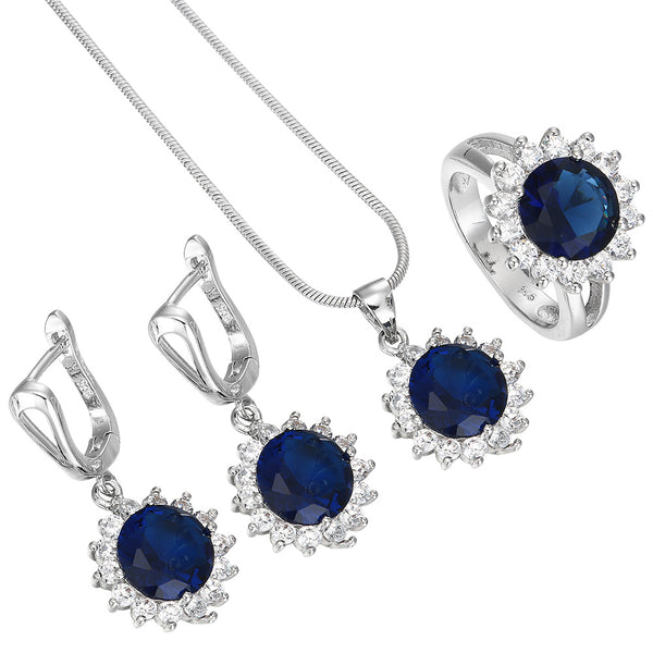 Sapphire-Blue Round CZ Halo Jewelry Set