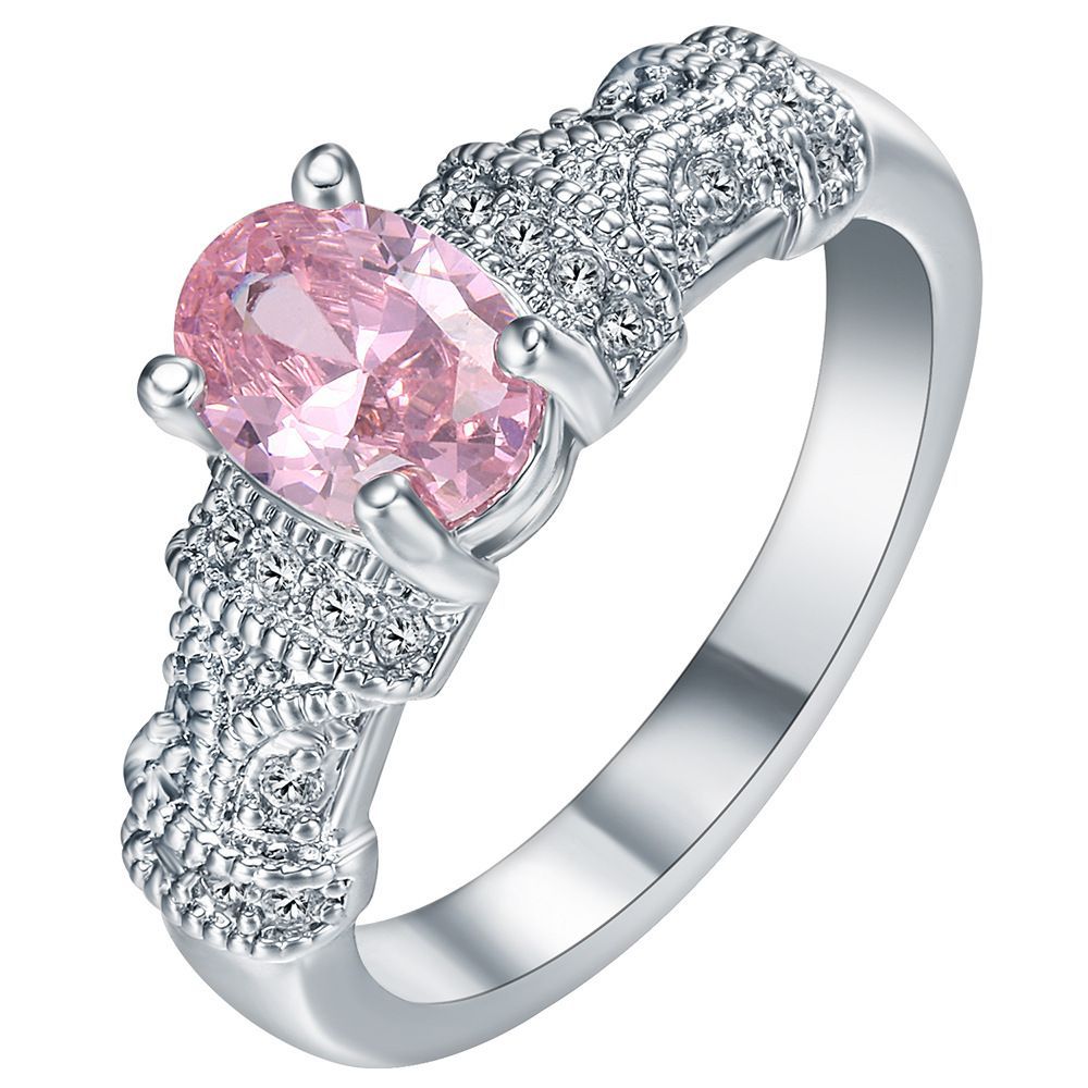 Pink Oval CZ Pavé Scroll Shank Ring