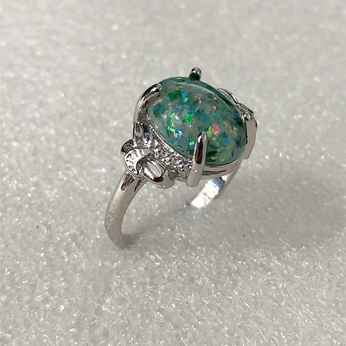 Green Opal-Look Oval Scroll Shoulder Ring
