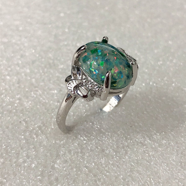 Green Opal-Look Oval Scroll Shoulder Ring