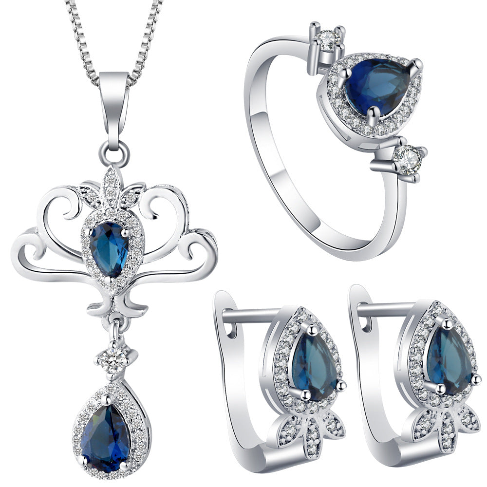 Sapphire-Blue Pear CZ Scroll Drop Jewelry Set