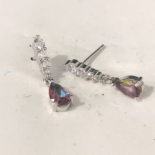Rainbow Mystic Pear CZ Line Drop Earrings