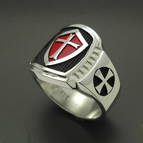 Red Crusader Shield Cross Enamel Signet Ring