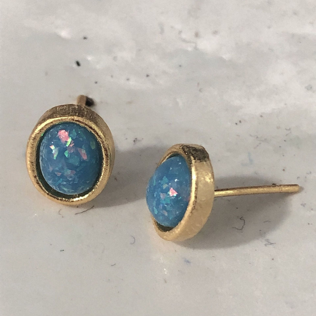 Blue Opal-Look Oval Gold Bezel Stud Earrings