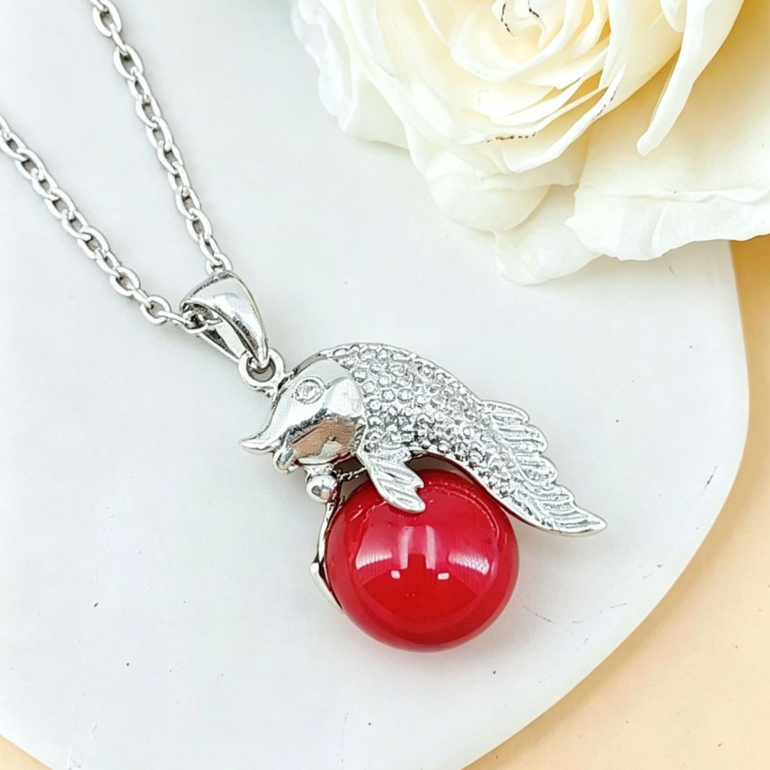 Koi Fish Red Bead Pendant Necklace