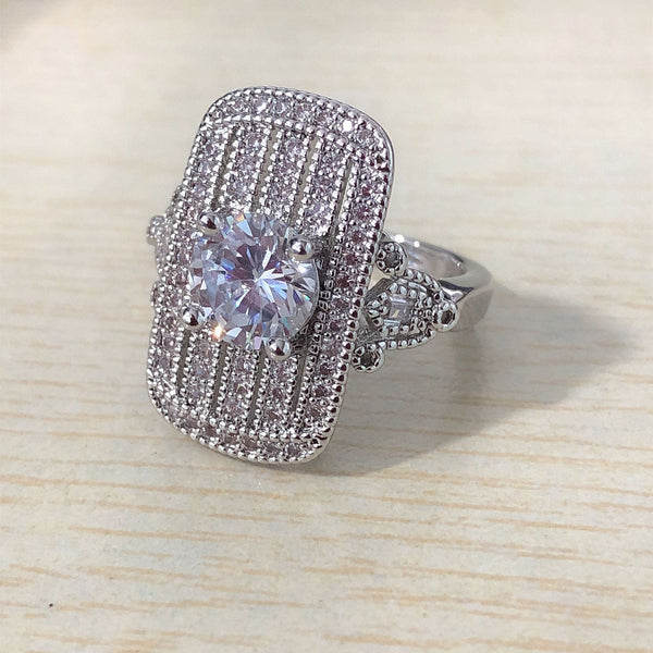 Round CZ Pavé Rectangle Shield Ring