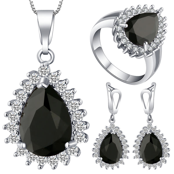 Black Pear CZ Halo Jewelry Set