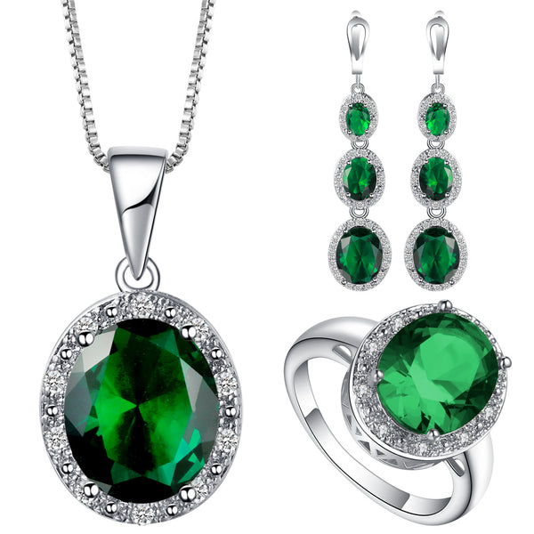 Emerald-Green Oval Halo Drop Jewelry Set