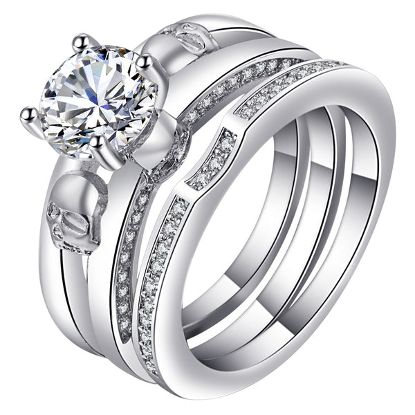 Round CZ Solitaire Three-Band Bridal Ring Set