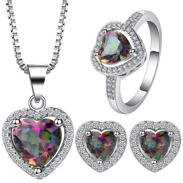 Rainbow Mystic Heart CZ Halo Jewelry Set