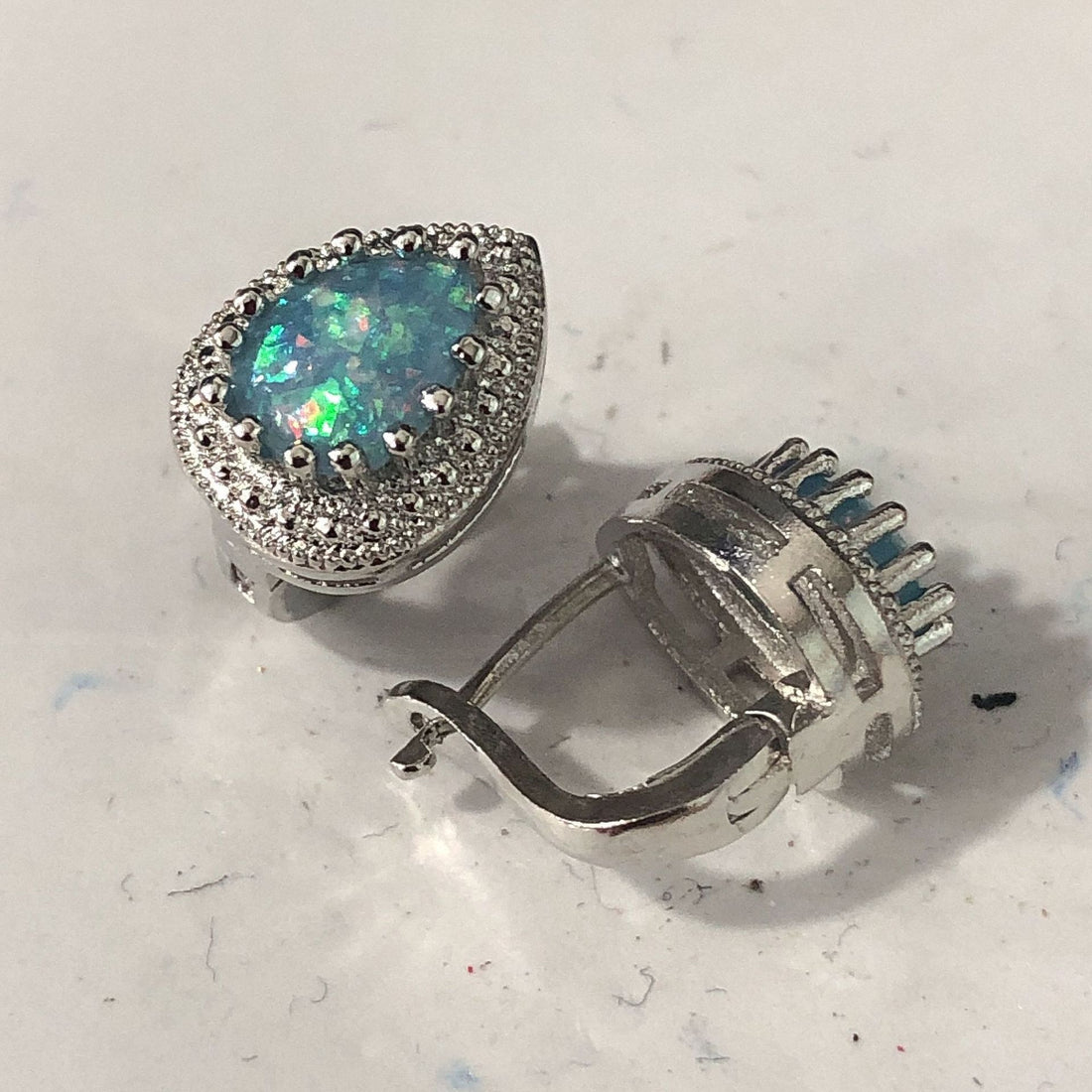 Blue Opal-Look Pear Halo Leverback Earrings